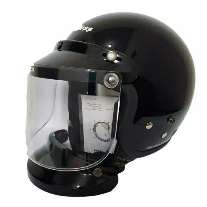 Ready HELM CARGLOSS RETRO DAPAT KACA DATAR WARNA HITAM GLOSSY