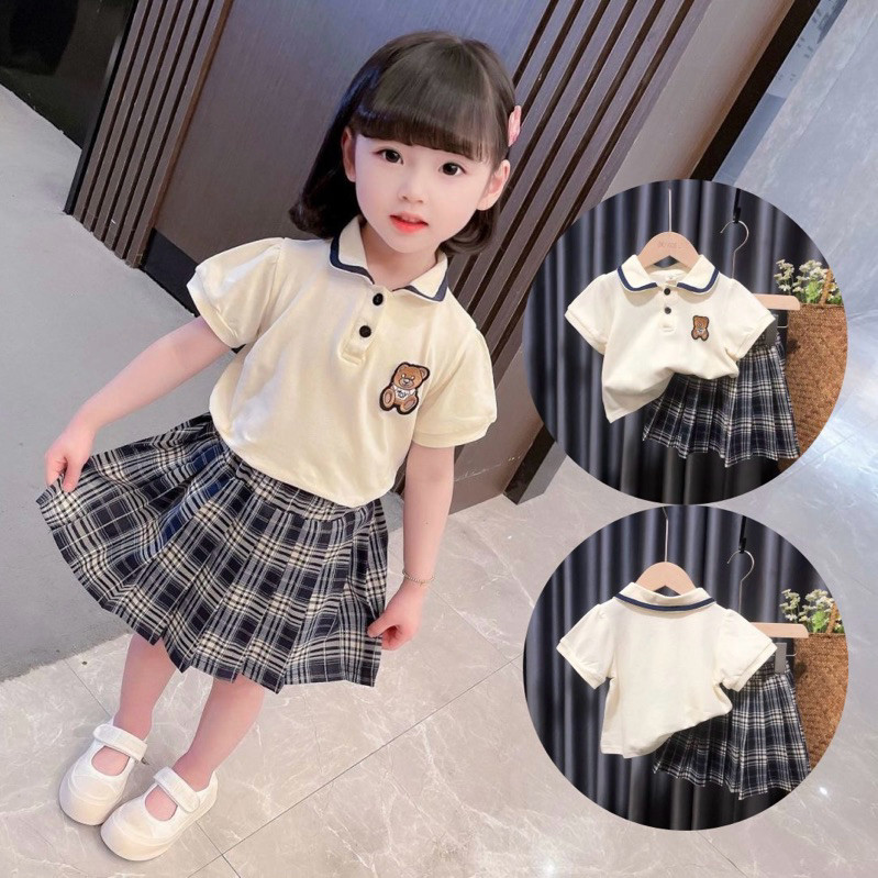 Baju Muslim Anak 2-10Tahun Setelan rok kotak baju polo beruang anak perempuan cantik