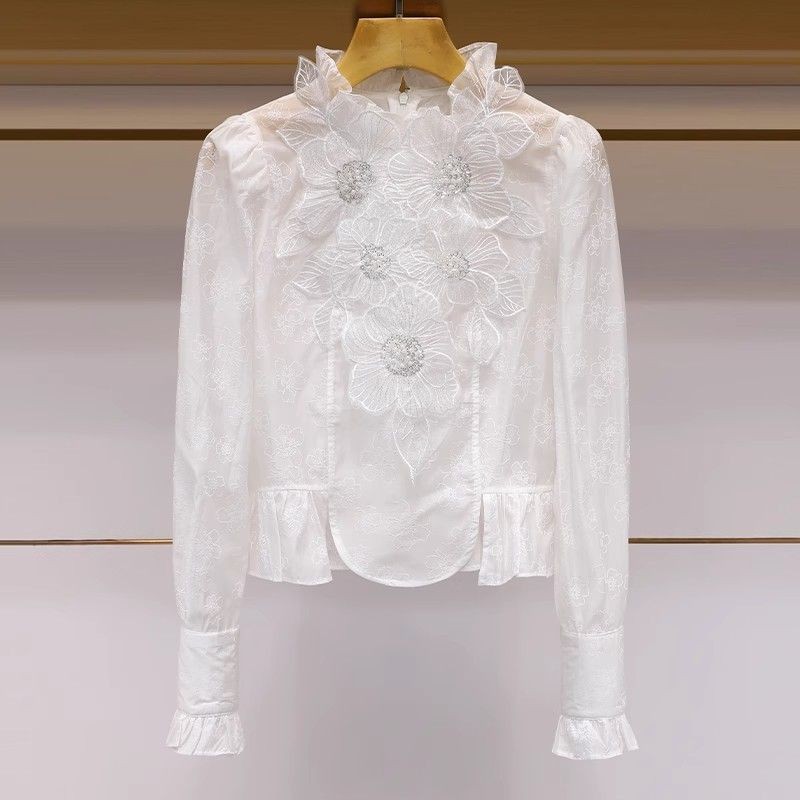 Atasan Bunga Manik-manik Setengah Turtleneck Gaya Perancis Baru