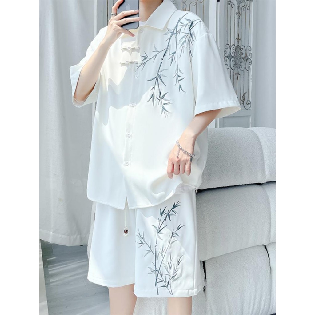 Baju Sutra Es Pria Setelan Kasual Celana Pendek Bordir Keren