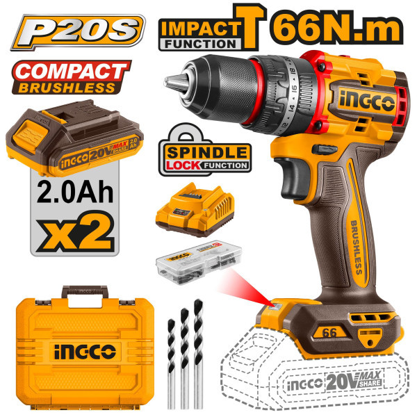 Bor 13mm Cordless Impact Drill Brushless 20V 66Nm INGCO CIDLI20668