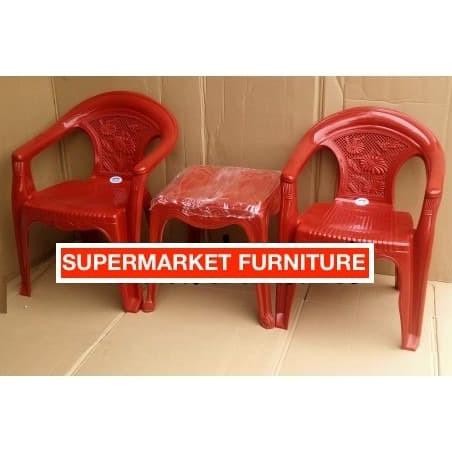 Set 2 Kursi Teras Plastik 552 dan 1 Meja 4343 Napolly Merah / Hijau