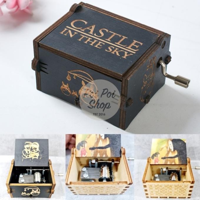Buruan beli] Kotak Musik Putar Kayu Ghibli Castle in The Sky Totoro Music Box Handcrank Kayu Polos H