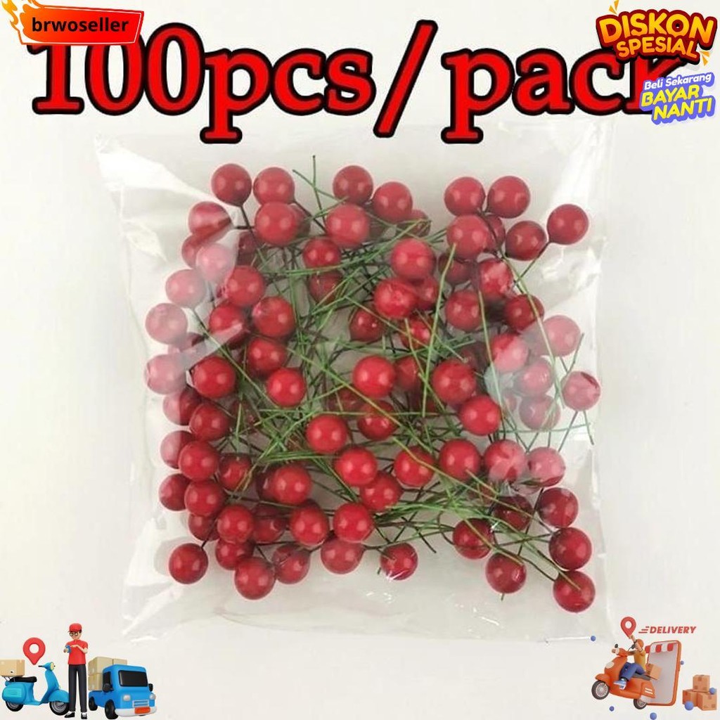 

100 Pcs Cherry Natal Christmas Biji Ceri Berries Hiasan Pohon Natal / Cake Topper Hiasan Kue Bola Emas Silver Merah Cherry D Terlaris