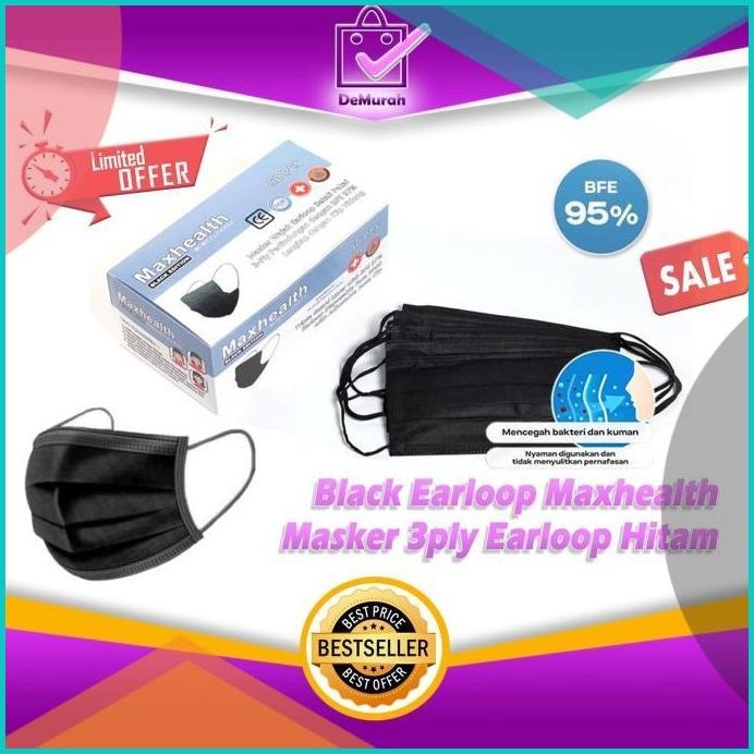 Black Earloop Maxhealth Masker 3ply Earloop Disposable Mask All Hitam
