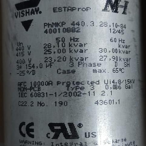 Capacitor Vishay 25Kvar Kapasitor Bank 3 Phase 415V