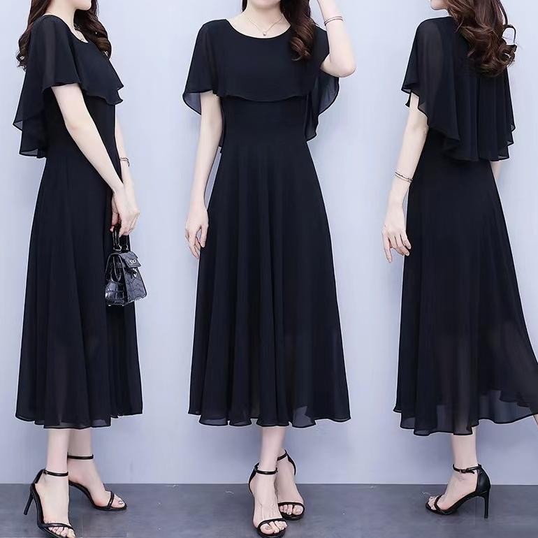 CR - 2024 Gaun Panjang Hitam Sifon Korea Baru/dress hitam panjang/midi dress korea TERLARIS