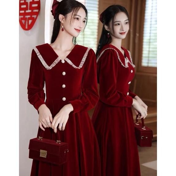 CR - D21 Dress korean velvet bludru lengan panjang kerah collar / midi dress / vintage dress A line 