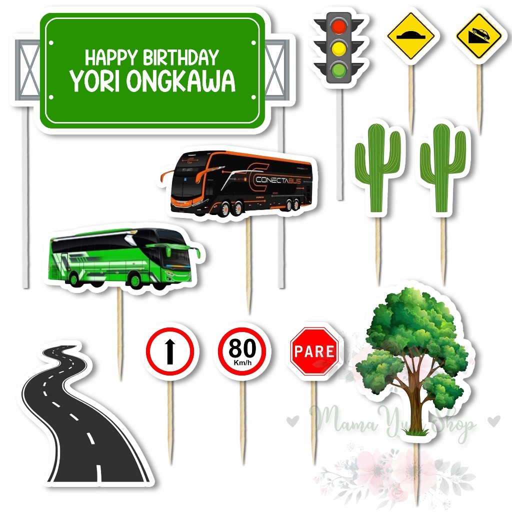 Topper Cake Hiasan Kue Ulang Tahun Anak motif BUS TELOLET BASURI + NAMA