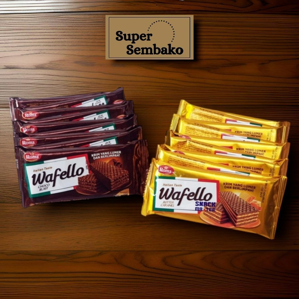 

SNACK BISKUIT WAFER WAFELLO ROMA 210gr ITALIAN tASTE COKLAT CHOCO BLAST BUTTER CARAMEL RENCENG ISI 10 BUNGKUS