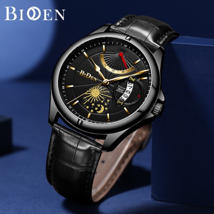Biden Jam Tangan Pria Tali Kulit Tampilan Tanggal Chronograph Bisnis