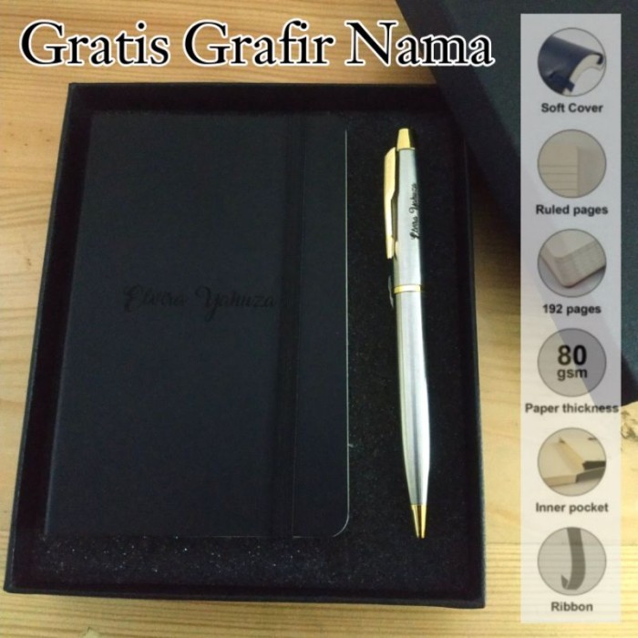 

giftset pulpen dan notebook kulit exclusive gratis Grafir nama