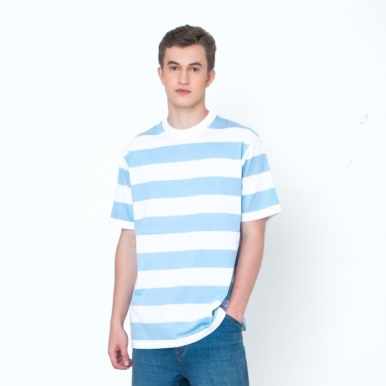Erigo T-Shirt Stripe Sarehole Wide Striped Light Blue - Kaos Unisex