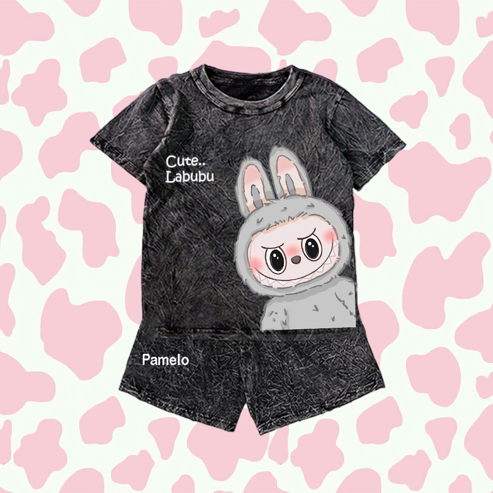 Discount Pamelo.Id Stelan Wash Anak Unisex Labubu2 Wash One Set Anak Stone Wash Polos Anak Set