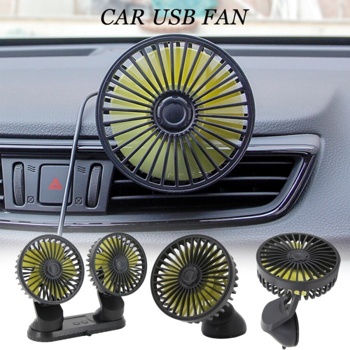 Fakhirishope Portable Car Fan/Kipas Angin Mobil 12 Volt 360 Derajat Double Head Usb