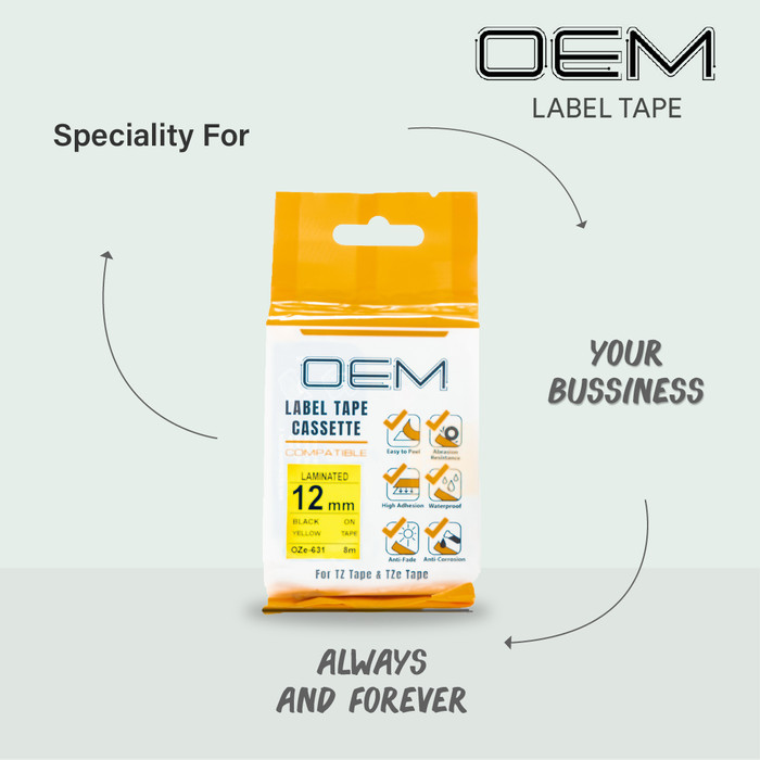 

OZe-631 OEM LABEL TAPE 12mm Black On Yellow For use on Ptouch