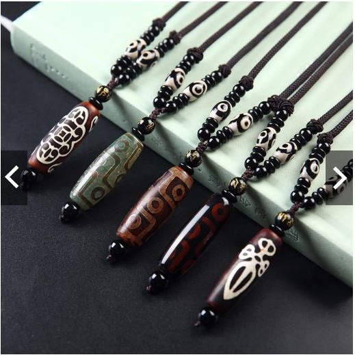 Kalung 9 Dzi Oval Batu Agate Chalcedony + Tali Premium / Tibetan Agate Three Eyes Nine Eyes Dzi Bead