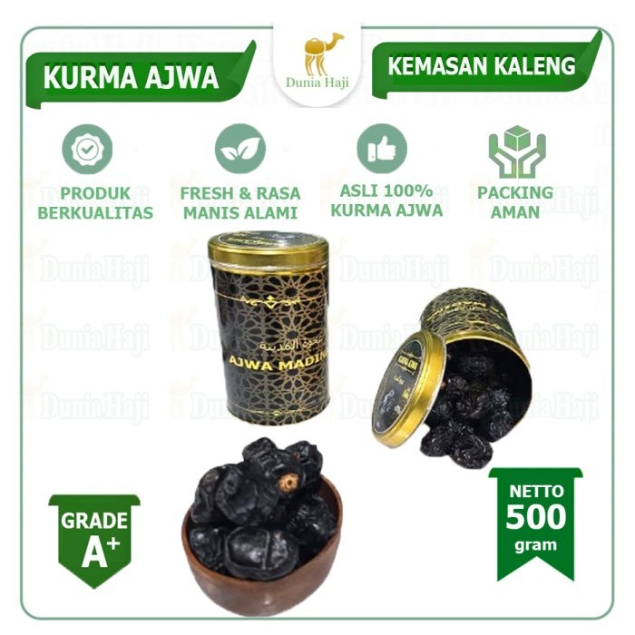 

Kurma Ajwa Aliyah Al Fatih 500 GR Gram Kurma Nabi Asli Kemasan KALENG