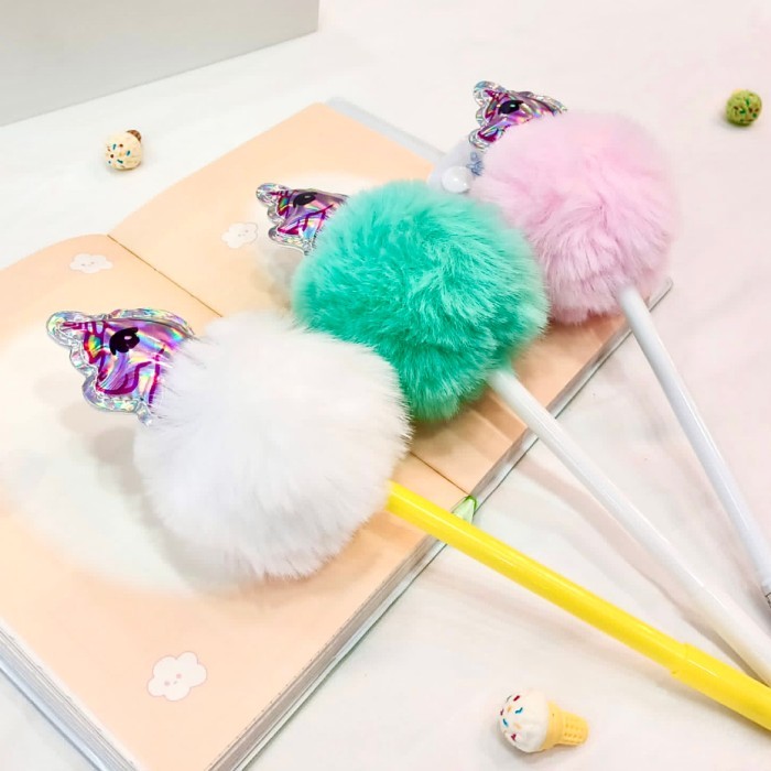 

Pulpen Pom Pom Unicorn / Pena Lucu Imut Korean Gel Pen Bulu