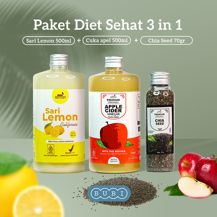 

Paket Diet Sehat 3in1 - Cuka Apel 500ml, Sari Lemon 500ml, dan Chia Seed 70gr