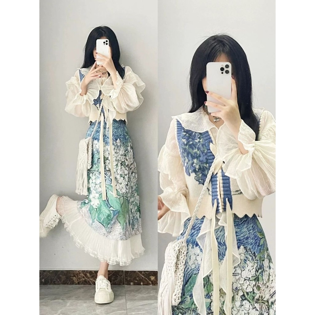 Desain rompi rompi sastra antik jumper lukisan cat minyak rok setengah badan rok tipis bunga pinggan