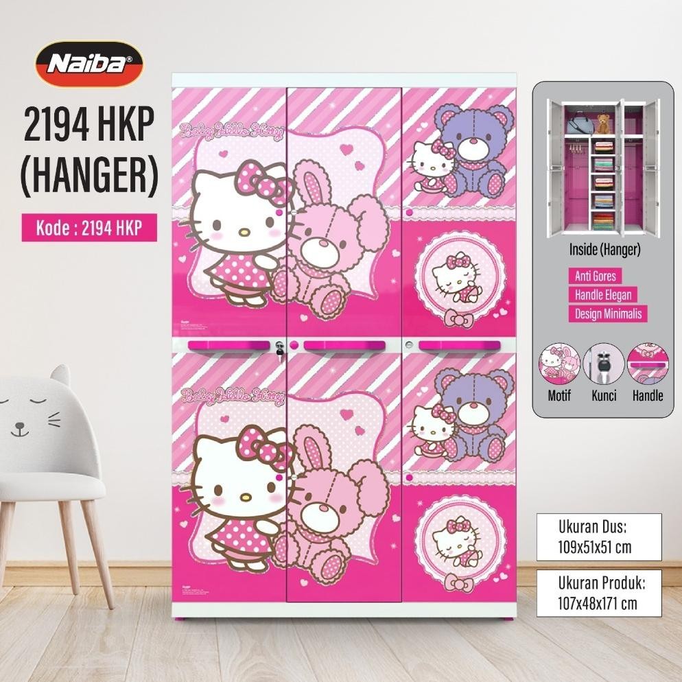 NAIBA Lemari Plastik Jumbo Anak Karakter Premium Naiba 3 Pintu Hambalan dan Gantungan