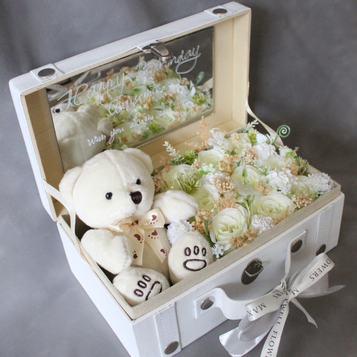 Flowers box with artificial flowers mixed with dried flowers teddy bear by Maxwell Flowers