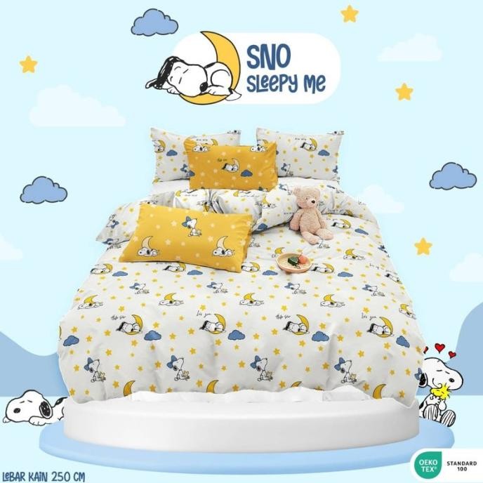 Bedcover + Sprei Set Premium Katun Star Snoopy Sleepy Putih Mushroom_Store77