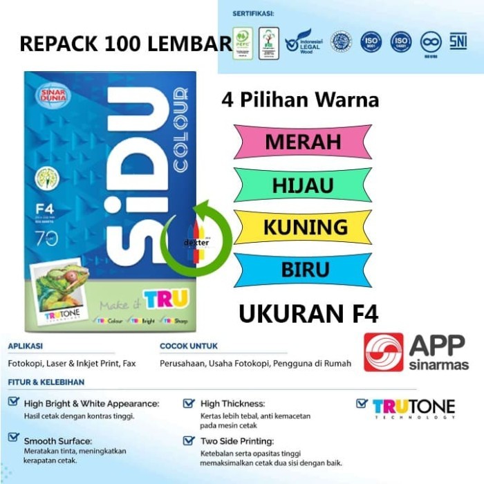 KERTAS WARNA F4 FOLIO 70GR SIDU COLOUR / KERTAS FOLIO HVS WARNA SIDU