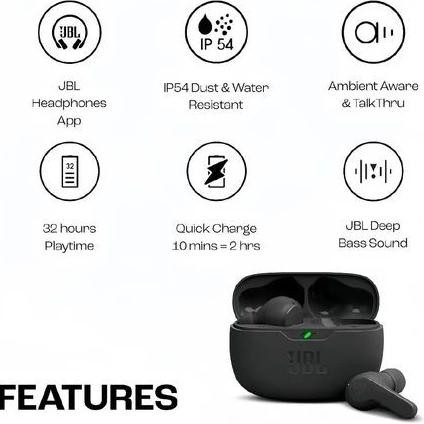 JB.L Wave 200TWS True Wireless Earbuds Water & Dust Resistant, Up to 15 hours of battery life Real S