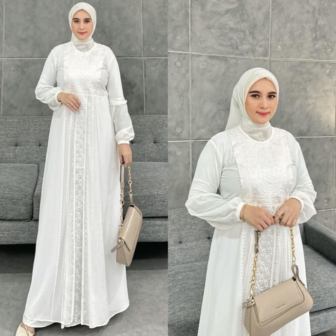 GAMIS UMROH ABAYA TURKEY PUTIH BORDIR TULIP PUTIH KS