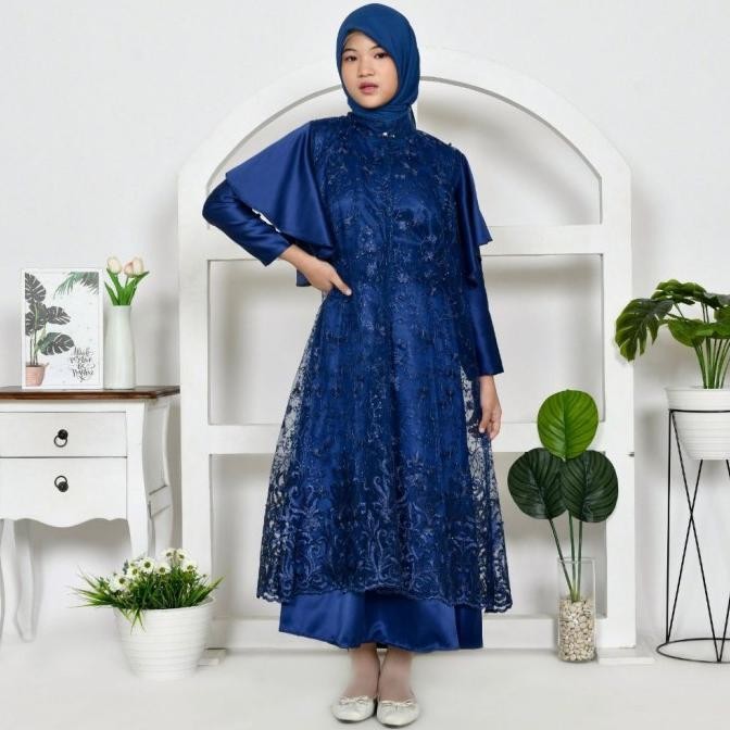 Gamis 2 In 1 Outer Georgina Pesta Anak Remaja 9-14Th Dress All Size Moscrepe Tile Navy Blue Dongker 