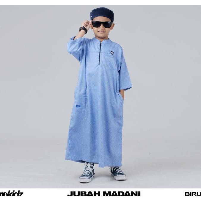 Jubah Madani Rokidz - Jubah Gamis Anak Laki-Laki Al Haramain, Kerah Koko, Lengan 7/8, Bahan Madinah