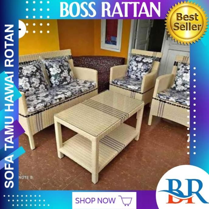 1 Set Kursi Korsi Bangku Sofa Sopa Hawai Santai Rotan Rattan Sintetis Furniture Set Meja Panjang Ter