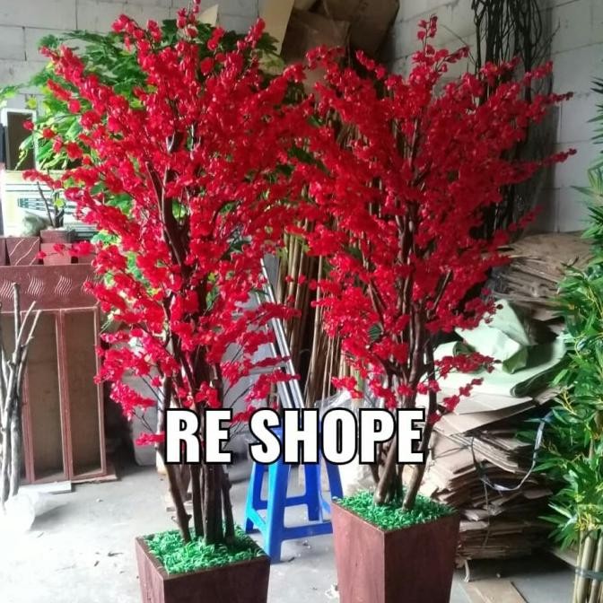 Bunga Hias Plastik Pohon sakura Merah Rimbun