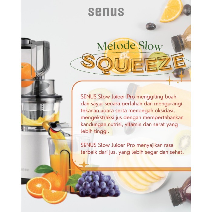 Senus Slow Juicer PRO Pengekstrak buah tanpa ampas mudah dibersihkan