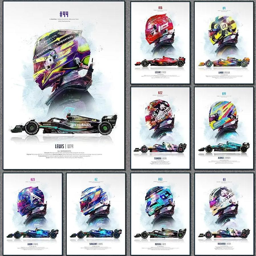 

2023 Season FI Formula 1 Racing Helmet Movement Pop Watercolor Wall Art Canvas Painting Nordic Poster Living Room Decor