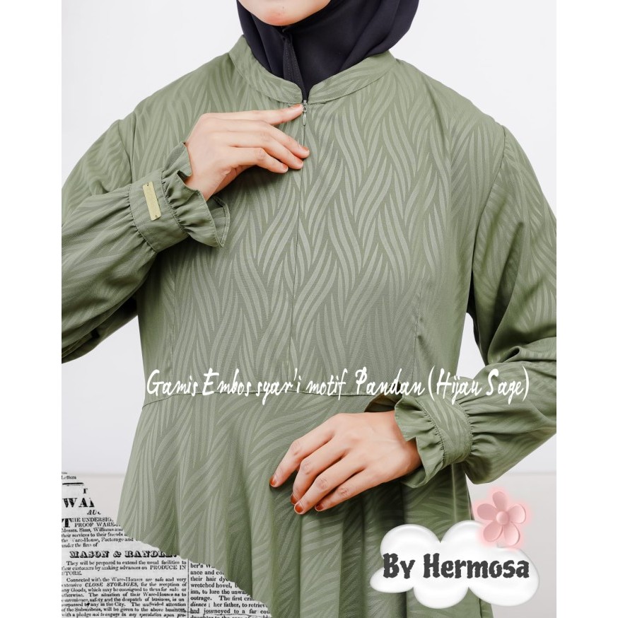 Gamis sage green syari wolfis embos motif pandan-gamis hermosa syari
