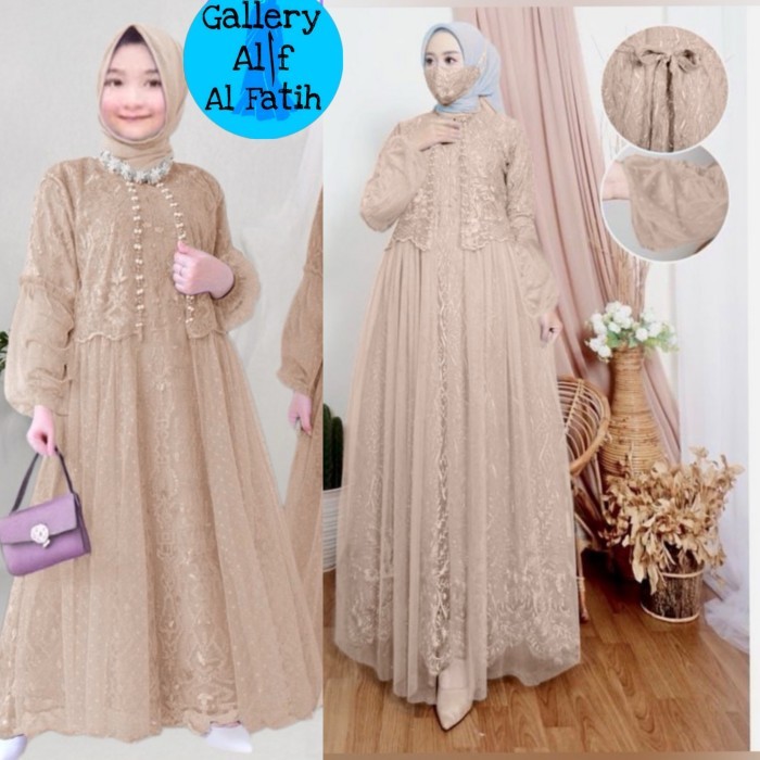 Couple gamis vella ibu anak 3 - 14 th dress pesta brukat tile coksu coklat susu LD 90 100 110 120 SG