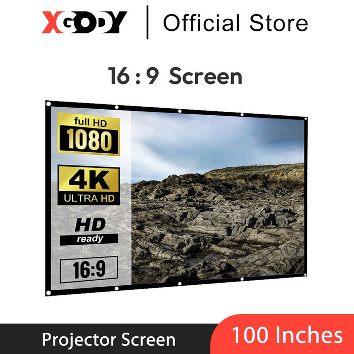 XGODY Layar Proyektor 100 Inch Portabel Tirai Anti-Cahaya HD 16: 9