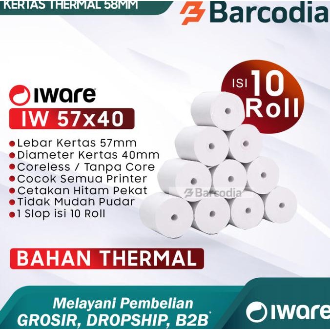 

Sale (10 Roll) 1 Pack - Kertas Thermal Edc Iware 57 X 40 - 57X40Mm Printer Bluetooth