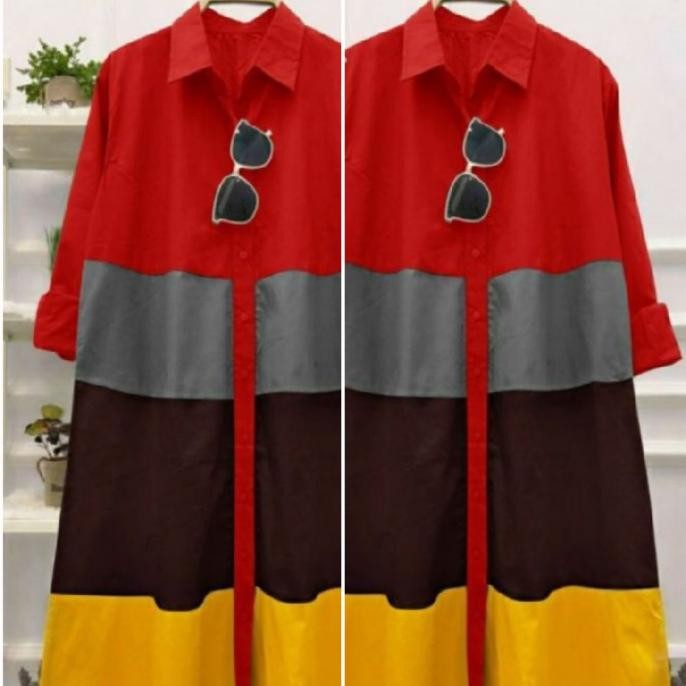 Murah Tunik Muslim Kemeja Atasan Baju Wanita Kombinasi Warna Kancing Depan