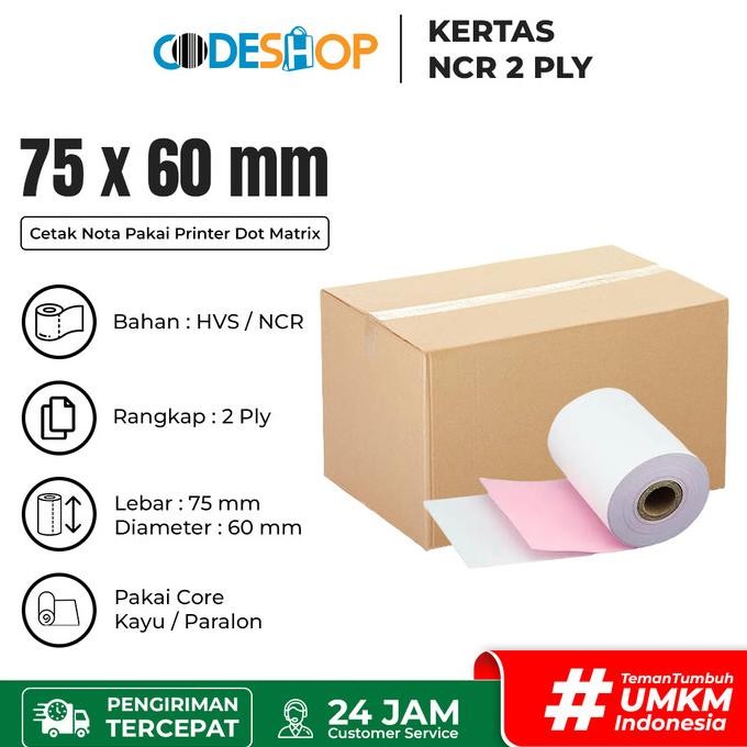 

(1 DUS) Kertas Kasir NCR 2 Ply 75x60 mm Struk Printer Dot Matrix Epson TMU 220 Rangkap 2