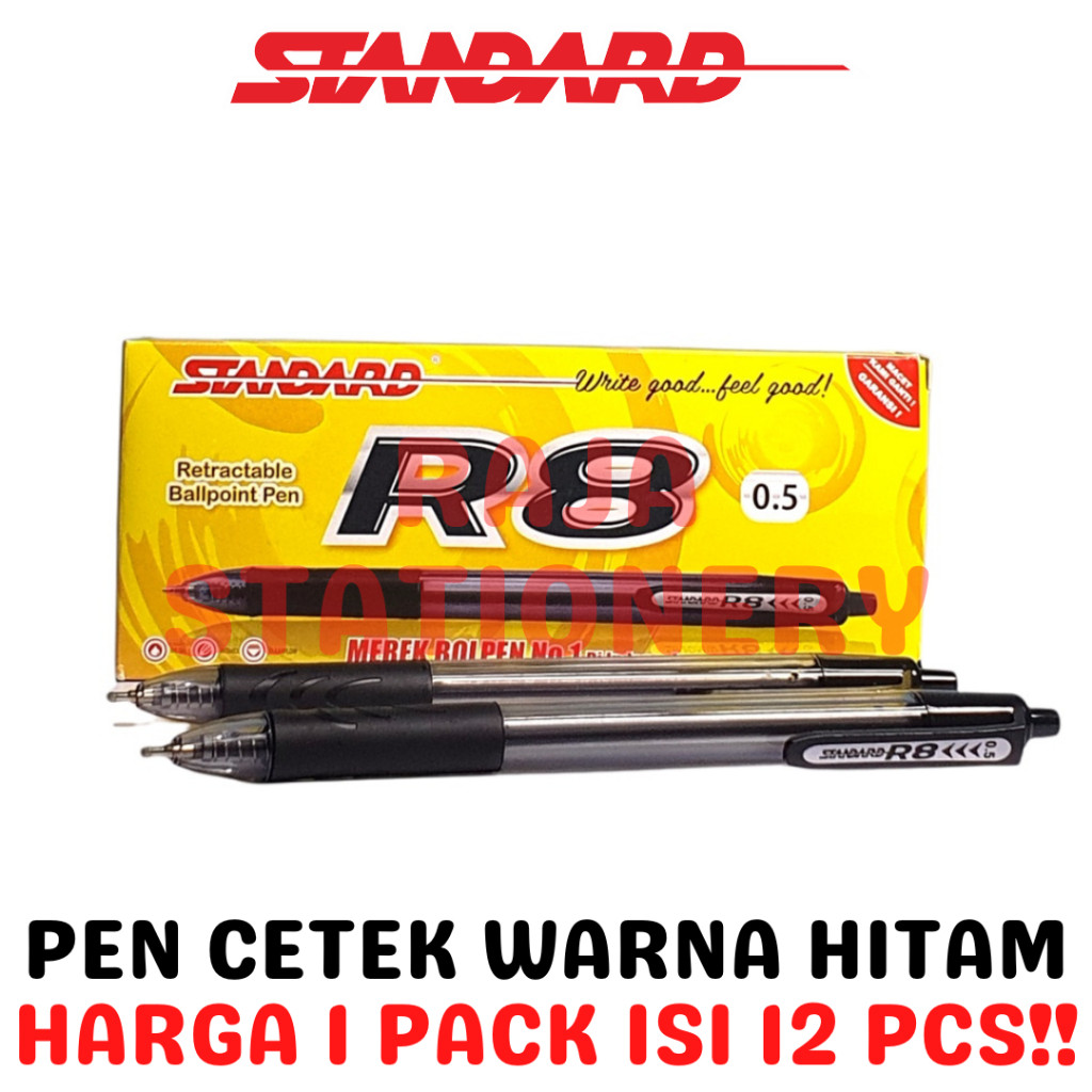 

STANDARD R8 0.5 BALL PEN BLACK CLICKER HITAM BOLPEN PENA PEN R8 LUSIN BOX [12PCS] RAJA BIG BOX