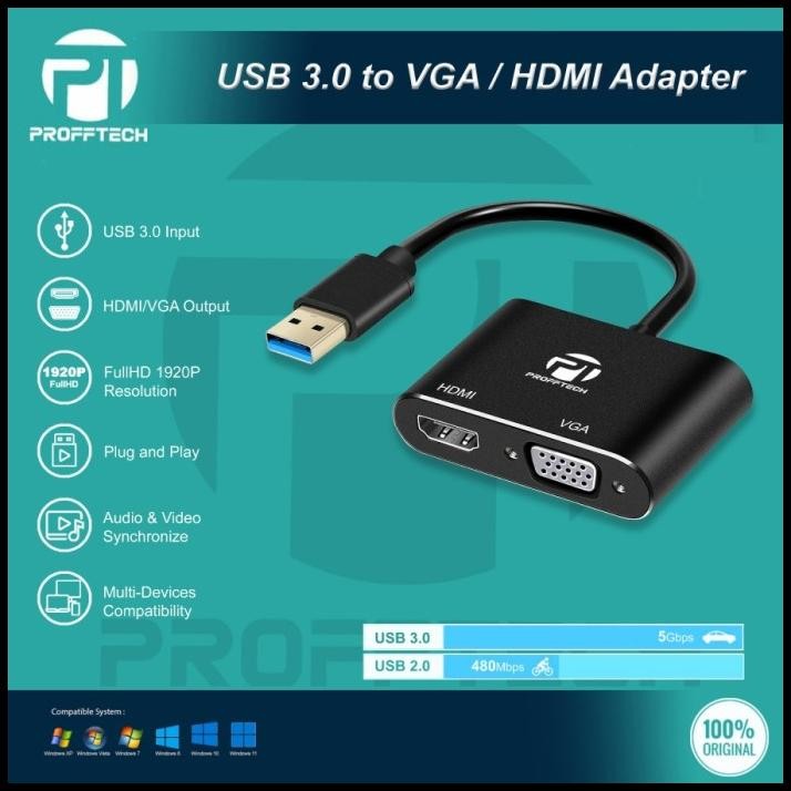 Profftech Converter USB 3.0 Input to HDMI HDTV VGA Output Adapter