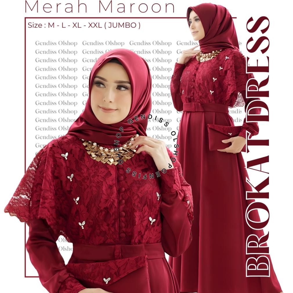 BISA COD dress merah Hati maroon brokat Gamis kekinian 2024  kombinasi polos  desain modern dan mewa
