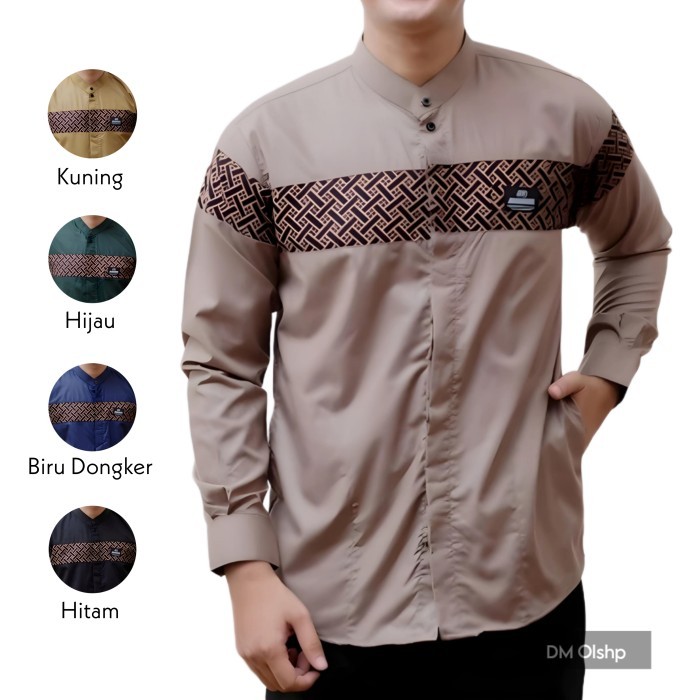 Murah Kemeja Koko Pria Dewasa Panjang Motif Kobata Qynang Coklat Susu Non COD