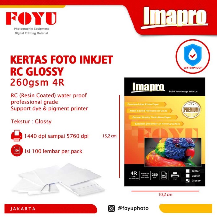 

Kertas Foto Inkjet Imapro Professional RC Glossy Water Proof 260gsm 4R