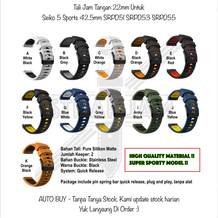 GTO 22mm Strap Seiko 5 Sports 42.5mm SRPD51 SRPD53 SRPD55 - Tali Jam