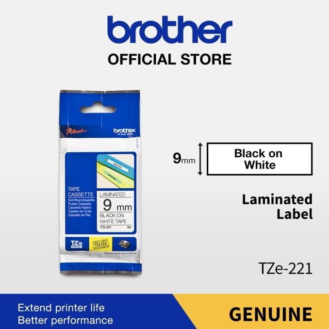 

Brother Label Tape Tze-221 9Mm X 8M Black On White Laminated Tze221